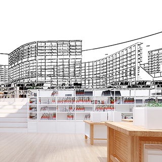 ファイルが収納された白い棚と、背景に描かれたパース図のような建築スケッチ