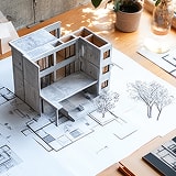 図面の上に置かれた建築模型と定規、ペン