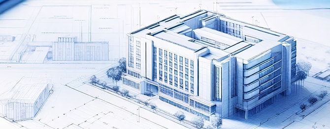 図面上に描かれた大型施設の3Dパース図