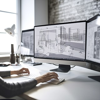 3D建築モデルが映し出されたモニターに向かい作業をする様子