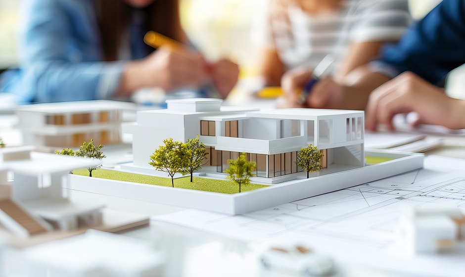 建築模型を囲んで打ち合わせする様子